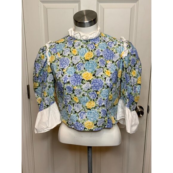 Batsheva Blue Floral Ruffle Puff Sleeve Cropped Top, Size 8 - Picture 1 of 8